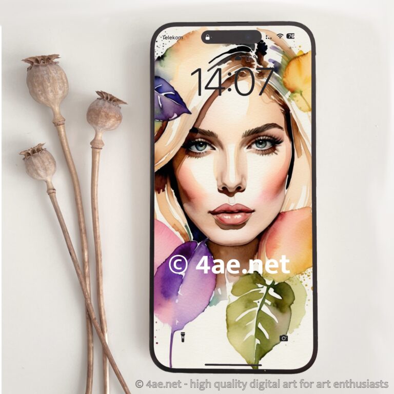 Free Watercolor Phone Wallpapers Girl’s Portrait with Flowers 001