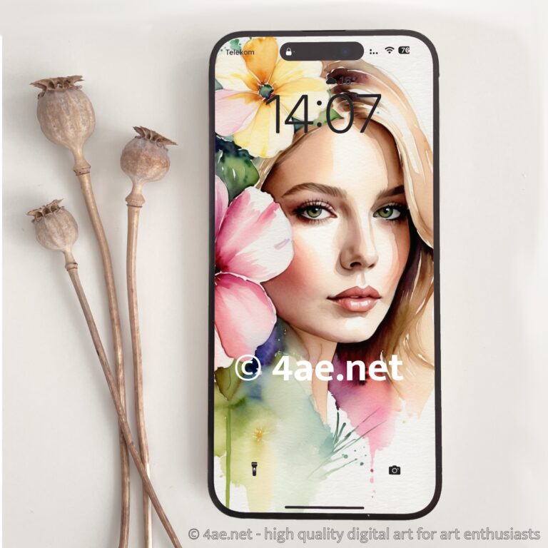 Free Watercolor Phone Wallpapers Girl’s Portrait with Flowers 002
