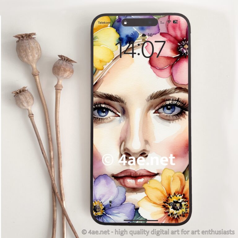 Free Watercolor Phone Wallpapers Girl’s Portrait with Flowers 003