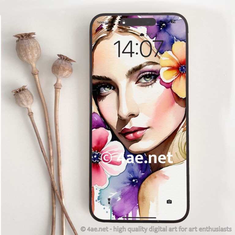 Free Watercolor Phone Wallpapers 004 Blooming Radiance: Woman with Floral Aura