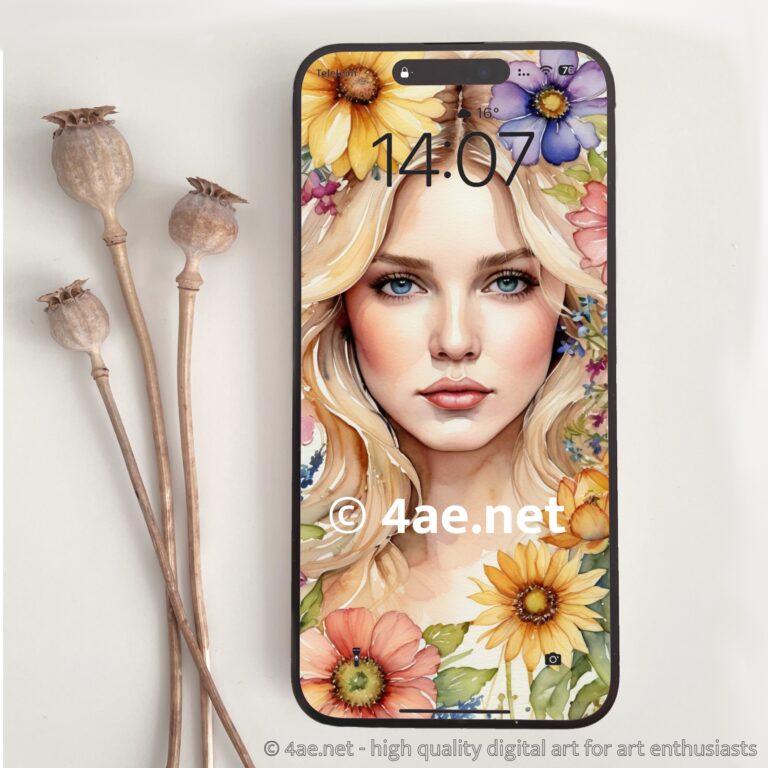 Free Watercolor Phone Wallpapers Girl’s Portrait with Flowers 006