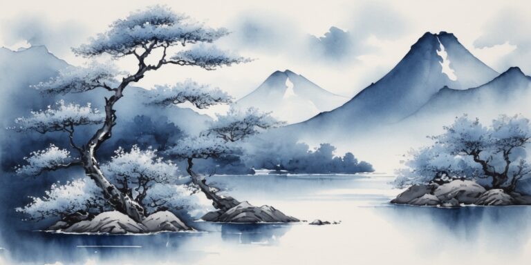 Chinese landscape painting in monochrome blue color scheme