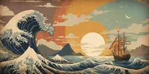 A desktop wallpaper featuring Hokusai's famous wave painting with the sun and a ship