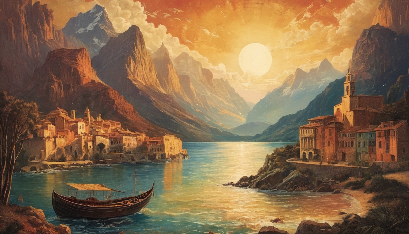 Orange sunset, mountains landscape desktop background.,old towns small