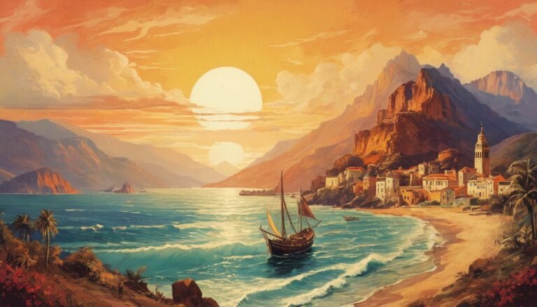 A desktop wallpaper featuring an orange sunset over the sea, with a ship sailing near an old city nestled by the mountains.