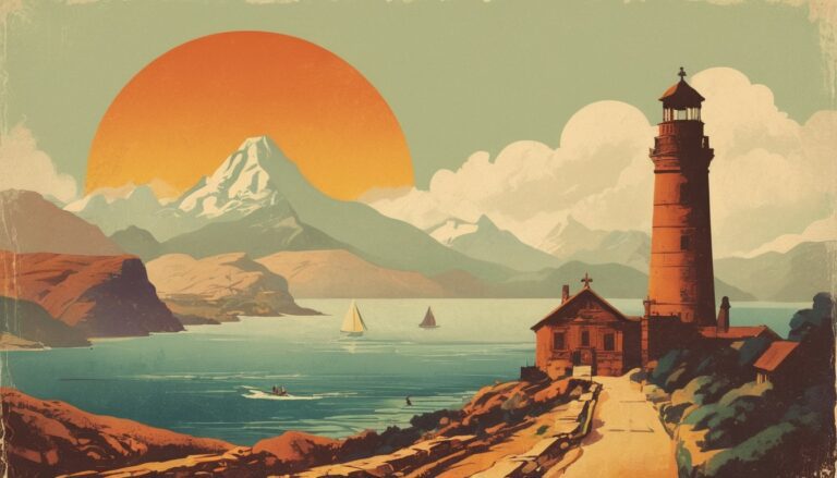 Download a free background image for PC featuring an old lighthouse and the sun behind the mountains.