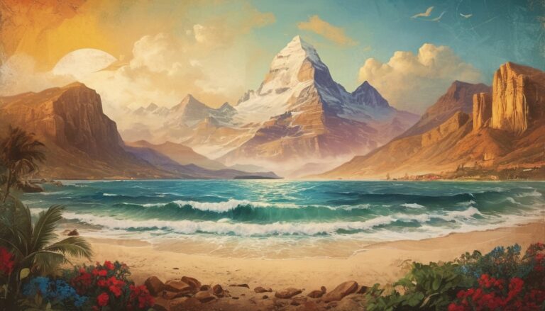 A serene mountain stands majestically, its snow-capped peak reflecting perfectly in a tranquil sea bay as the sun sets, casting a golden glow across the sky.