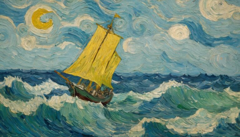 a ship with yellow sails sailing on a stormy sea under the night sky - oil painting in the style of Van Gogh - van-gogh-pc-wallpaper