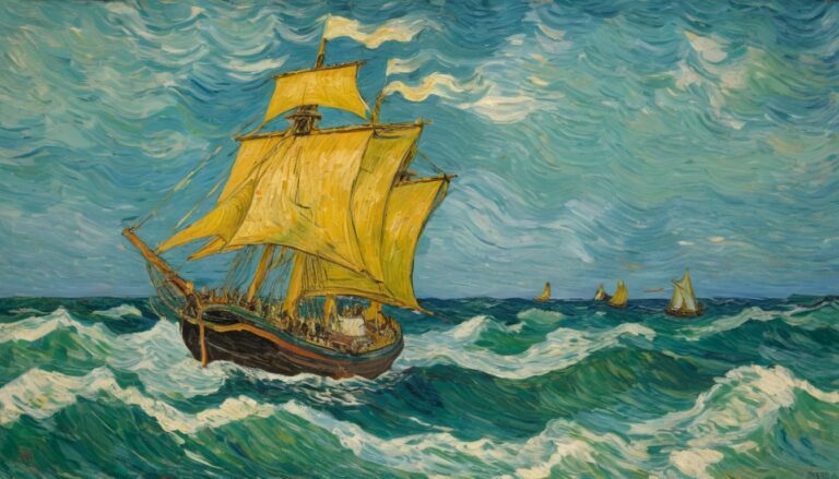 a yellow ship sailing on blue waves - oil painting in the style of the famous Van Gogh - Free Desktop Background