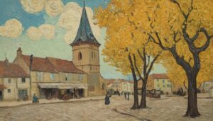 panorama of the town hall of an old town, autumn - oil painting in the style of the famous Van Gogh - Free Desktop Picture