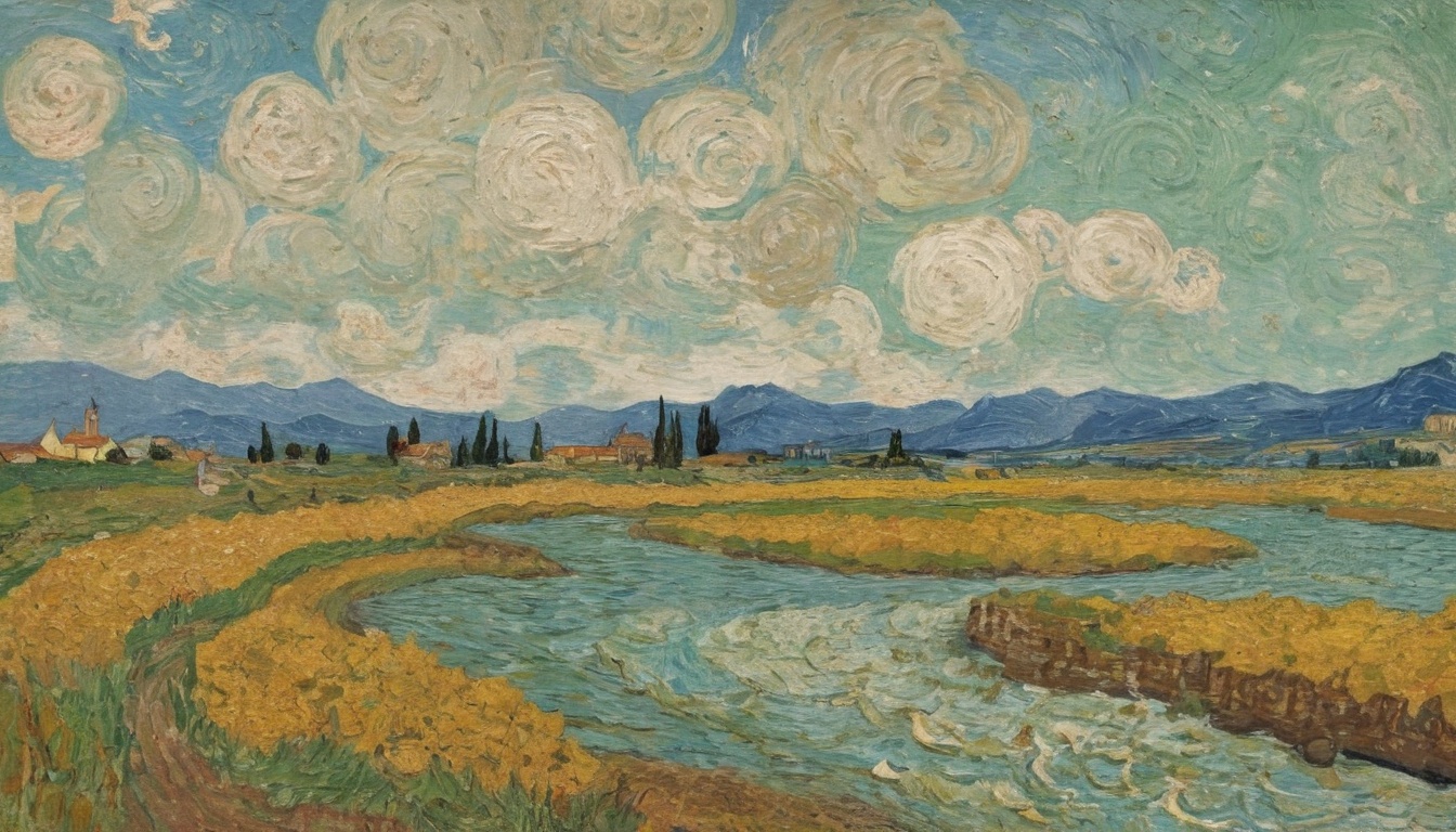 an oil painting in the style of Van Gogh, in which a river backwater is depicted in the foreground, and a field and houses in the distance. River Desktop Background