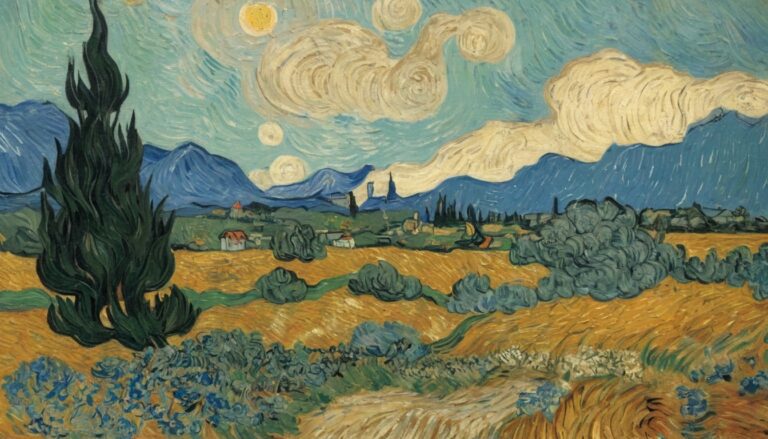 oil painting in the style of Van Gogh, in which a cypress tree is depicted in the foreground, and in the distance in the field and houses under a blue sky - Desktop Image for PC