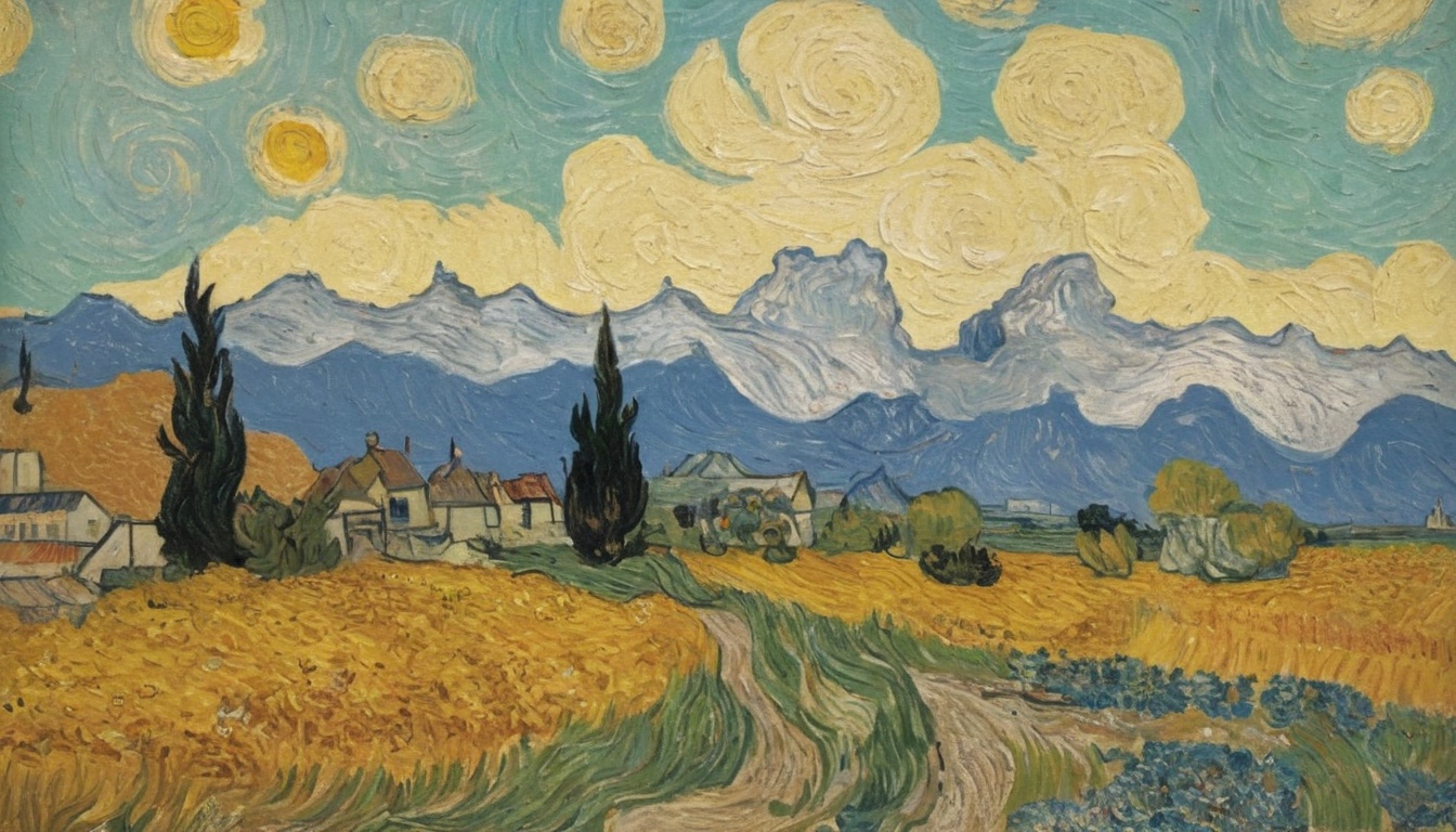 houses in the field and cypress trees - oil painting in the style of Van Gogh - Cypresses on the Field - Wallpaper for Computer