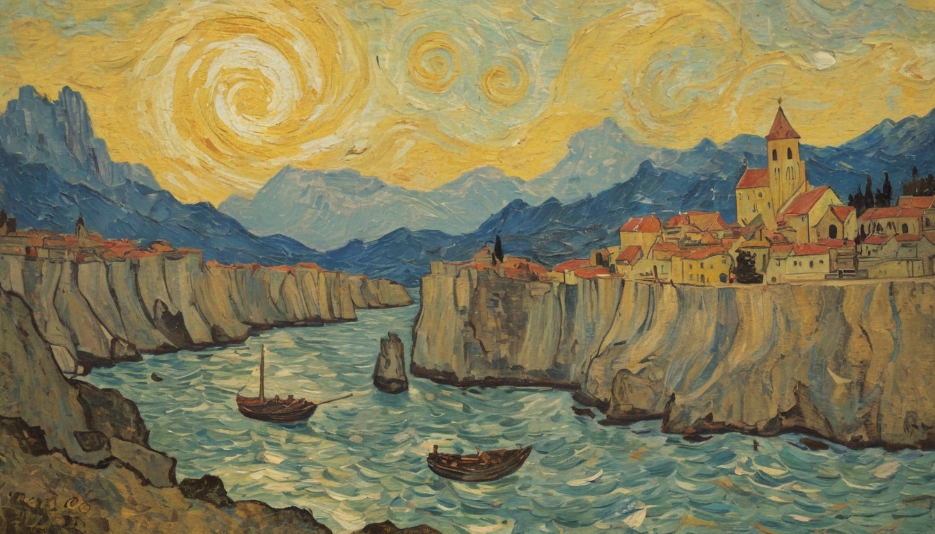 city ​​on a rock - oil painting in the style of Van Gogh - Town on Rock Above River Desktop Background