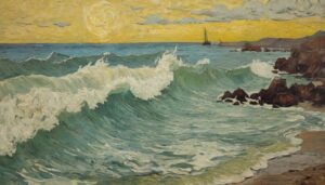 a painting of a wave on a beach in the style of Van Gogh - Van Gogh Style Sea Shore Free Desktop Picture