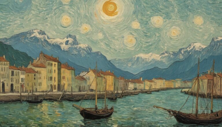 Van Gogh style painting of a town with boats on the water - Town Near River PC Wallpaper