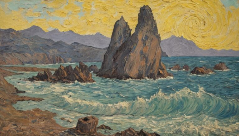 a painting of a rocky beach, waves and the sky - stylization in the style of Van Gogh