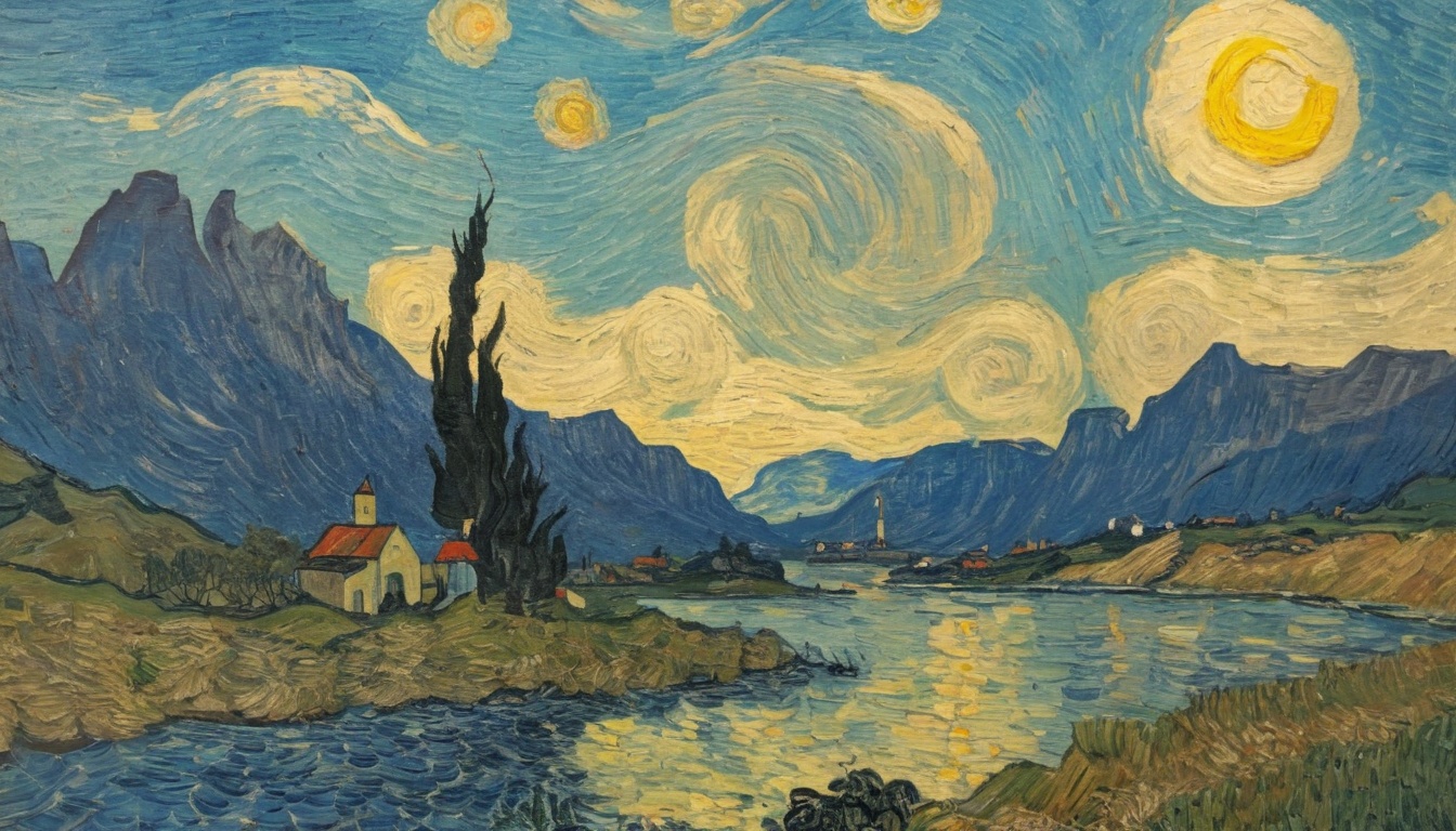 Van Gogh style painting of a landscape with mountains and a river- near the river Desktop Wallpaper