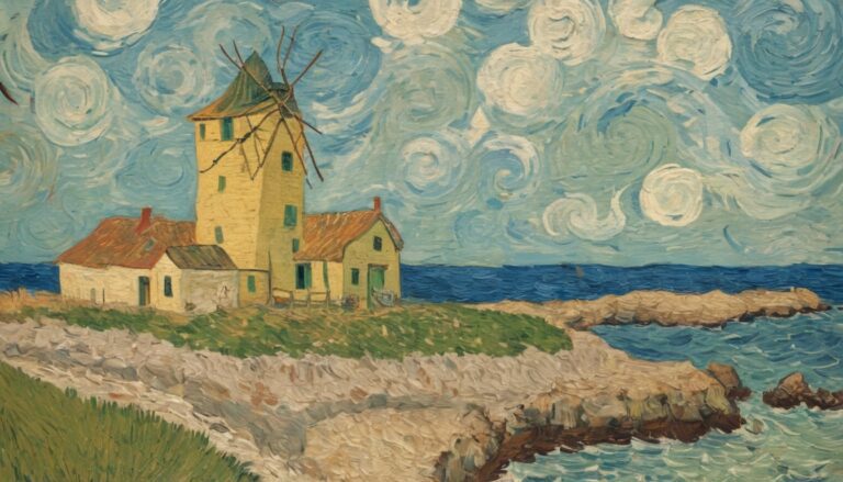 a painting of a windmill on a rocky beach stylization in the style of Van Gogh - Free Wallpaper for Computer