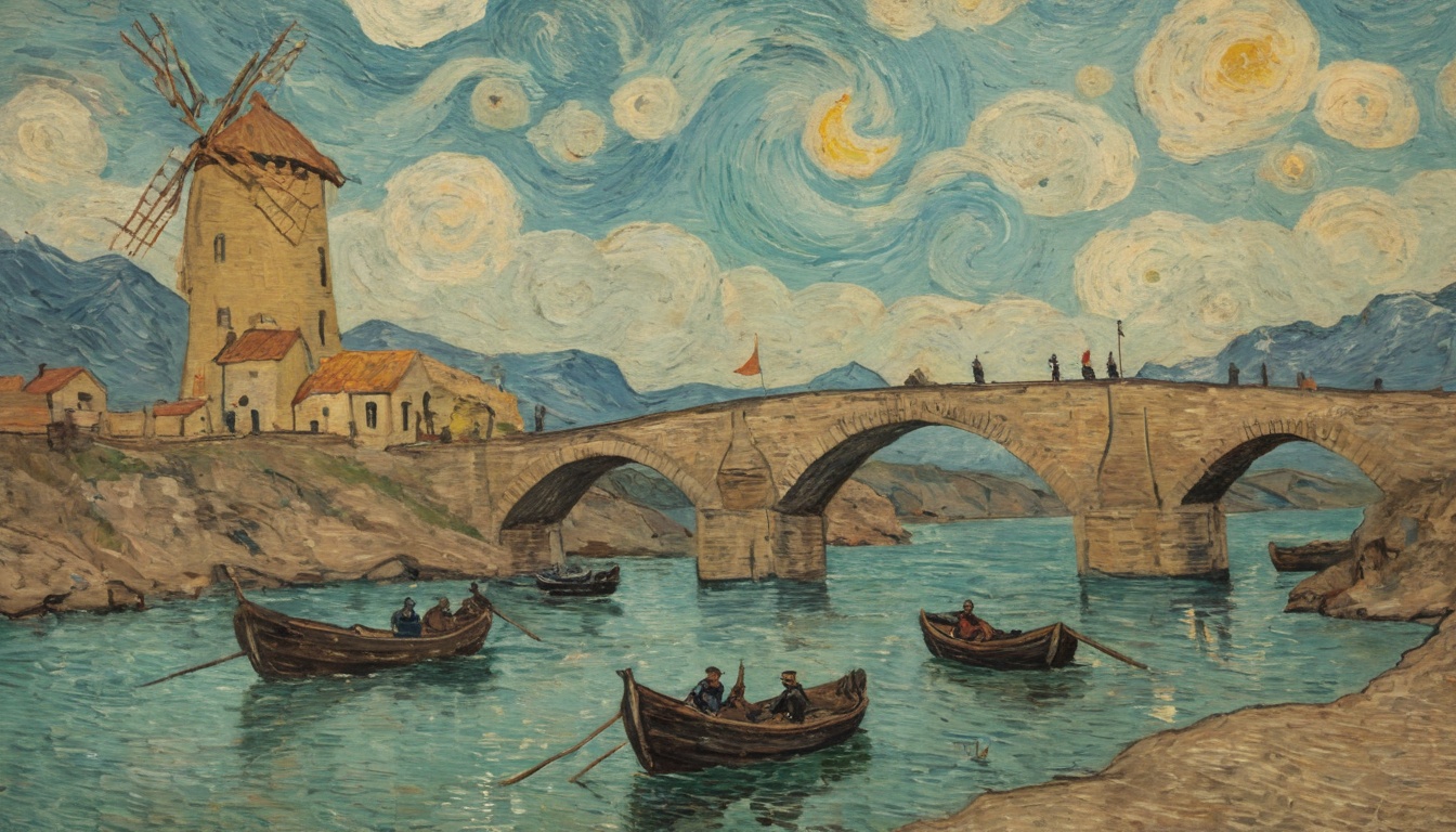 a painting of a bridge and boats on water stylization in the style of Van Gogh - Van Gogh Style Desktop Background