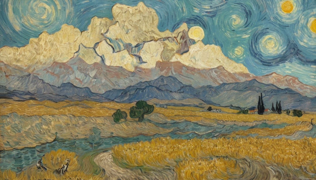 a painting of a mountain range, field and sky - Van Gogh Style Desktop Picture