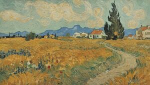 a painting of a field with houses and cypresses - Golden Van Gogh Desktop Image