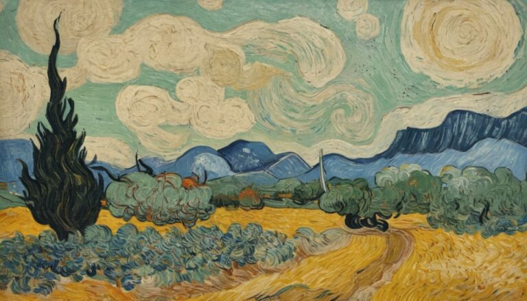 a painting of a field with trees and mountains in Van Gogh artistic style