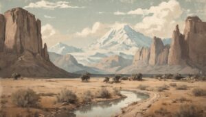 neutral color USA landscape with a river running through a desert with mountains in the background - USA Desktop Background