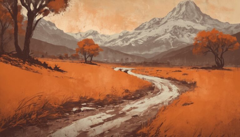 a road running through a valley with mountains in the background - orange color painting - USA Landscape Desktop Image