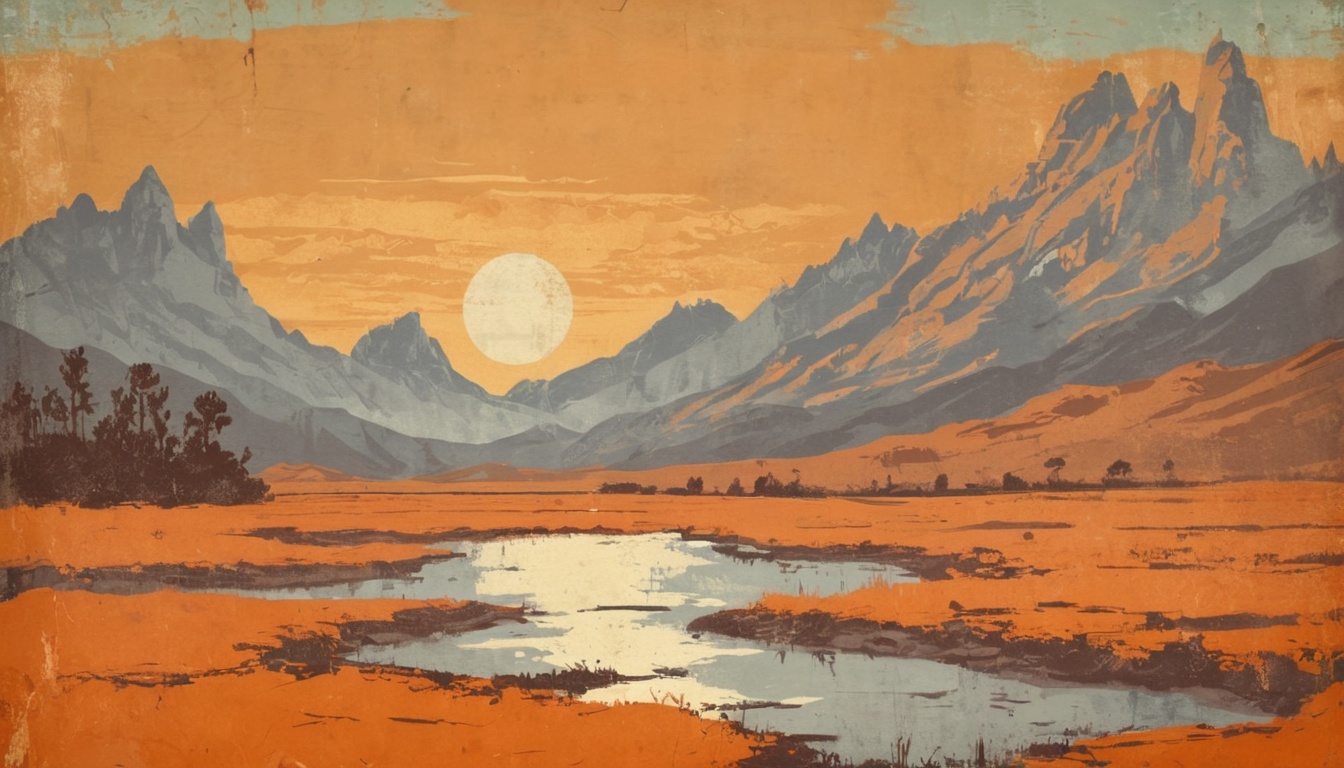 a painting of a landscape with mountains and a river in orange colors - USA Landscape Mac Wallpaper