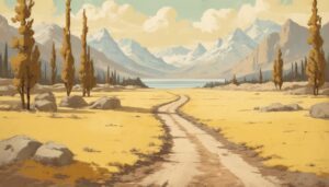 a dirt road through a desert with mountains and trees, yellow landscape - Desert PC Wallpaper