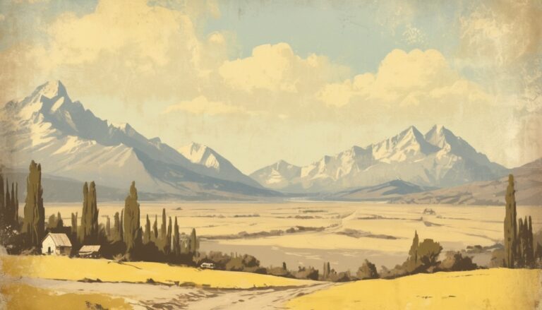 a landscape with mountains and trees in yellow color gamma, houses and a dirt road. Free Desktop Image