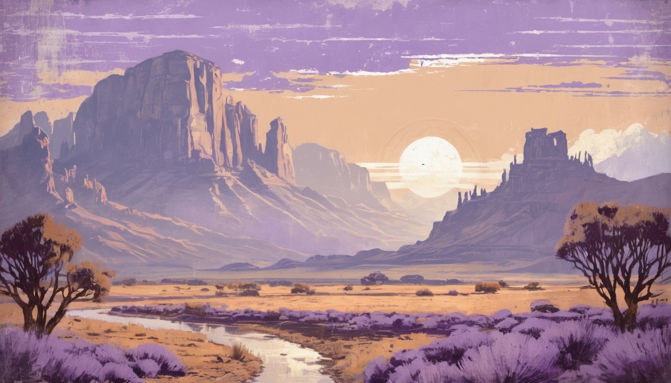 a river running through a desert with mountains and a sunset, violet orange old fashion poster - Violet Desktop Background