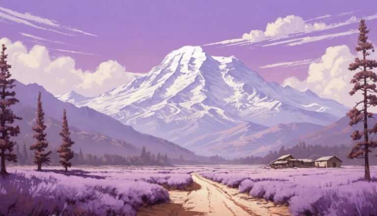 a mountain with a house in the distance, lavender color fields and trees - Desktop Image