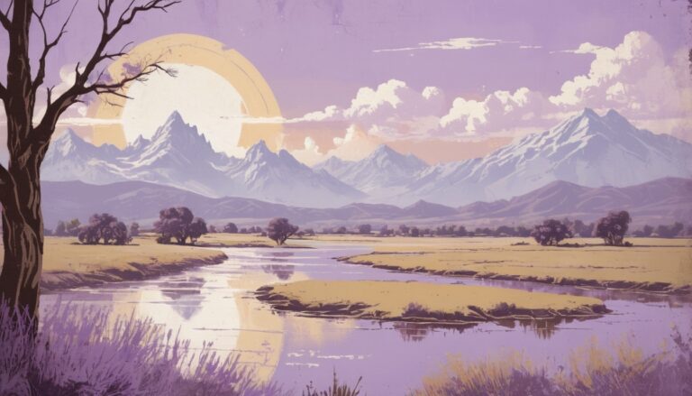 a river running through a valley with mountains and trees, beautiful sun under the mountains, violet color landscape poster - Purple Landscape PC Wallpaper