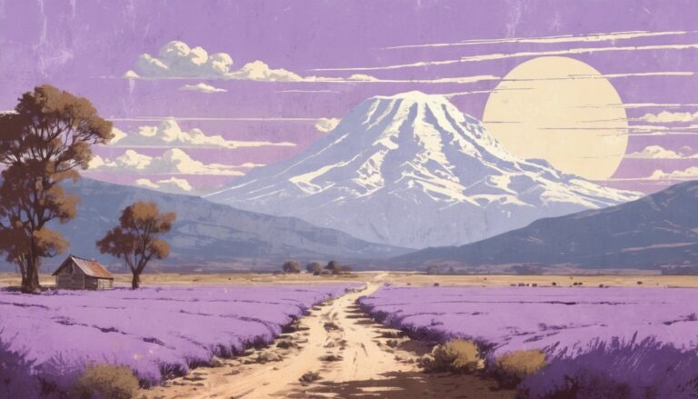 purple color landscape painting featuring a road leading to a mountain and a huge sun - Lavender Landscape Desktop Image