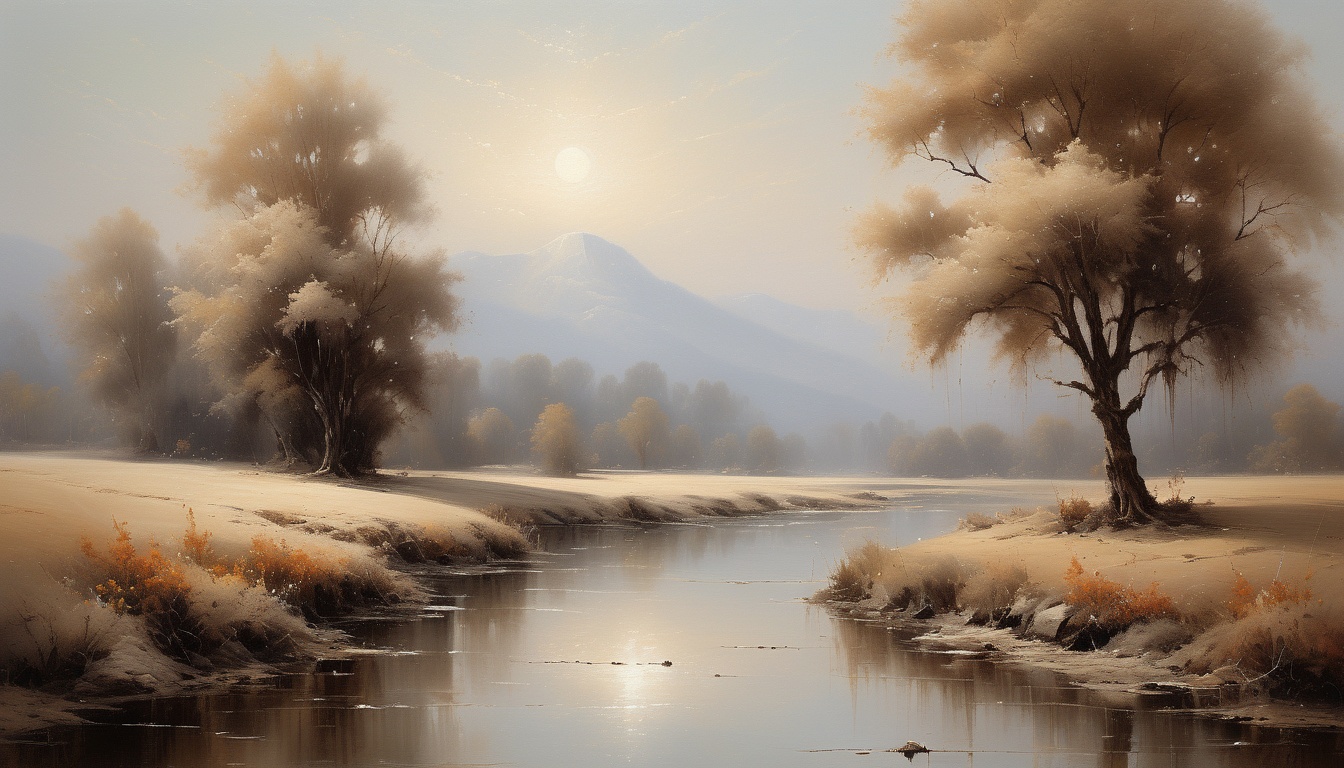 a river with trees and mountains in the background, neutral color palette - desktop wallpaper for PC