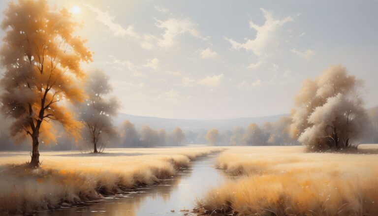 a stream running through a field, yellow and orange autumn trees - River: Desktop Wallpaper for Windows