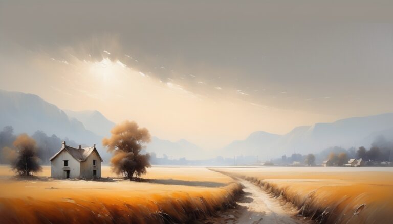 a house in a field, autumn landscape painting, dramatic sky - Idyllic Autumn River Laptop Wallpaper