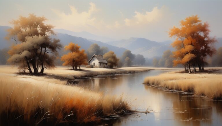 a house by a river, autumn landscape painting - Autumn River Desktop Background