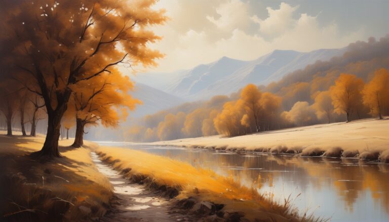 a river running through a valley with fall trees and mountains - Fall PC Wallpaper