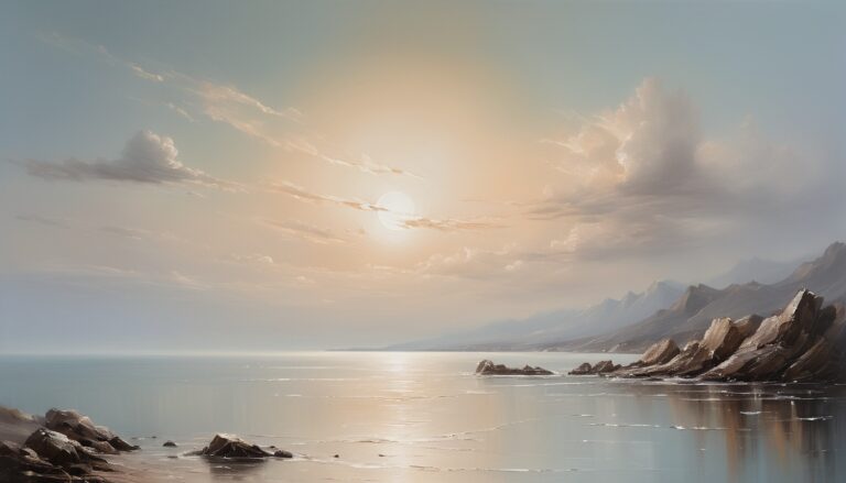 a body of water with rocks and mountains in the background -Desktop Background