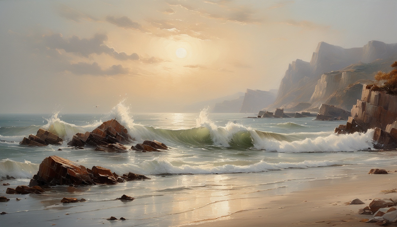 oil painting of sea waves crashing waves on a beach - Beach Scene Laptop Wallpaper