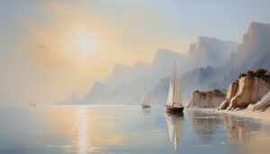 an oil painting of a couple of sailboats on a body of water - Stunning Ocean View Desktop Image