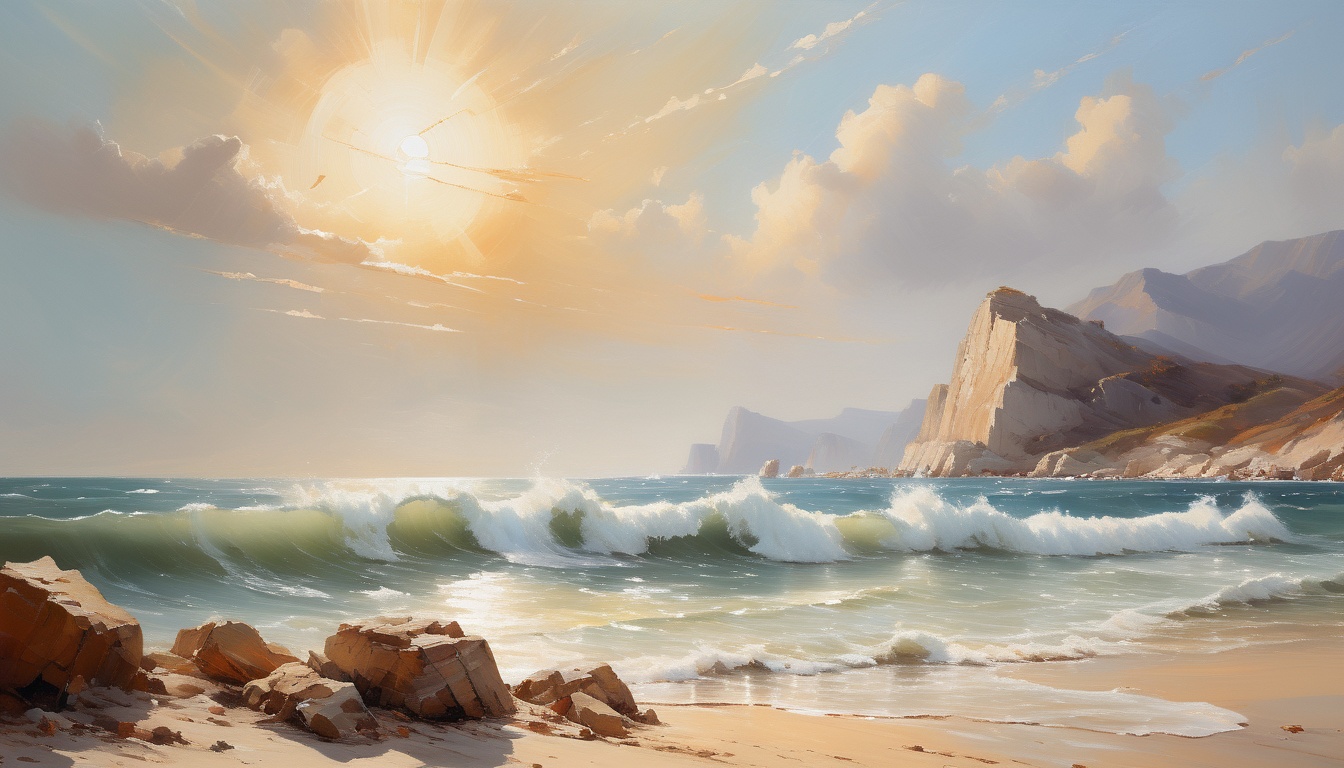 a beach with waves and rocks, mountains and the beautiful sun - Sea Desktop Wallpaper