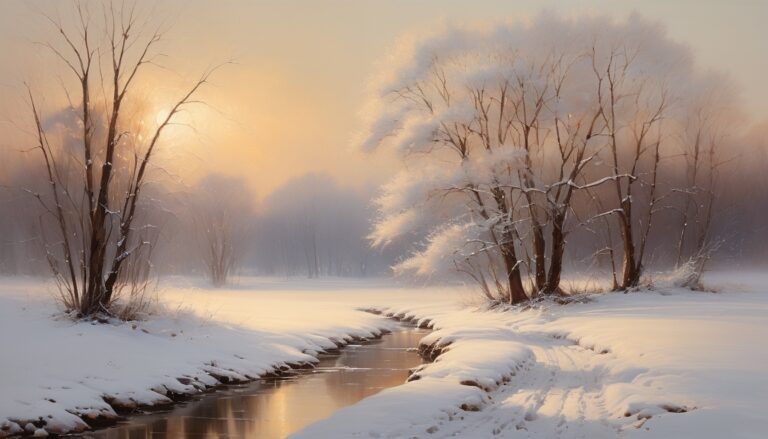 a snowy landscape with a river and trees - winter River Desktop Wallpaper