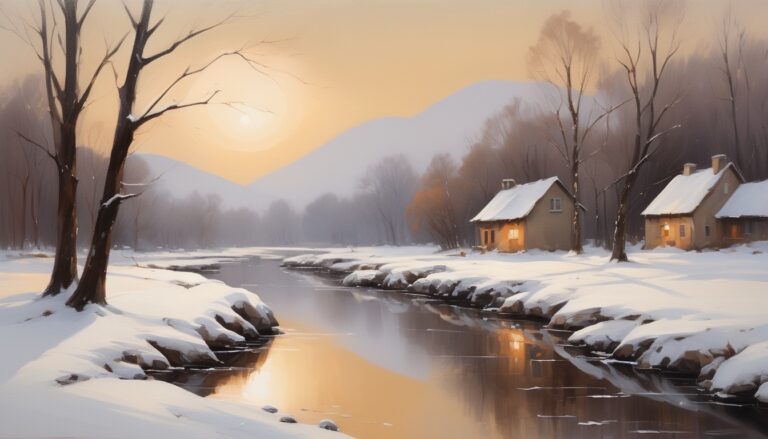 a house on the river in the winter evening - Winter Desktop Background for Mac