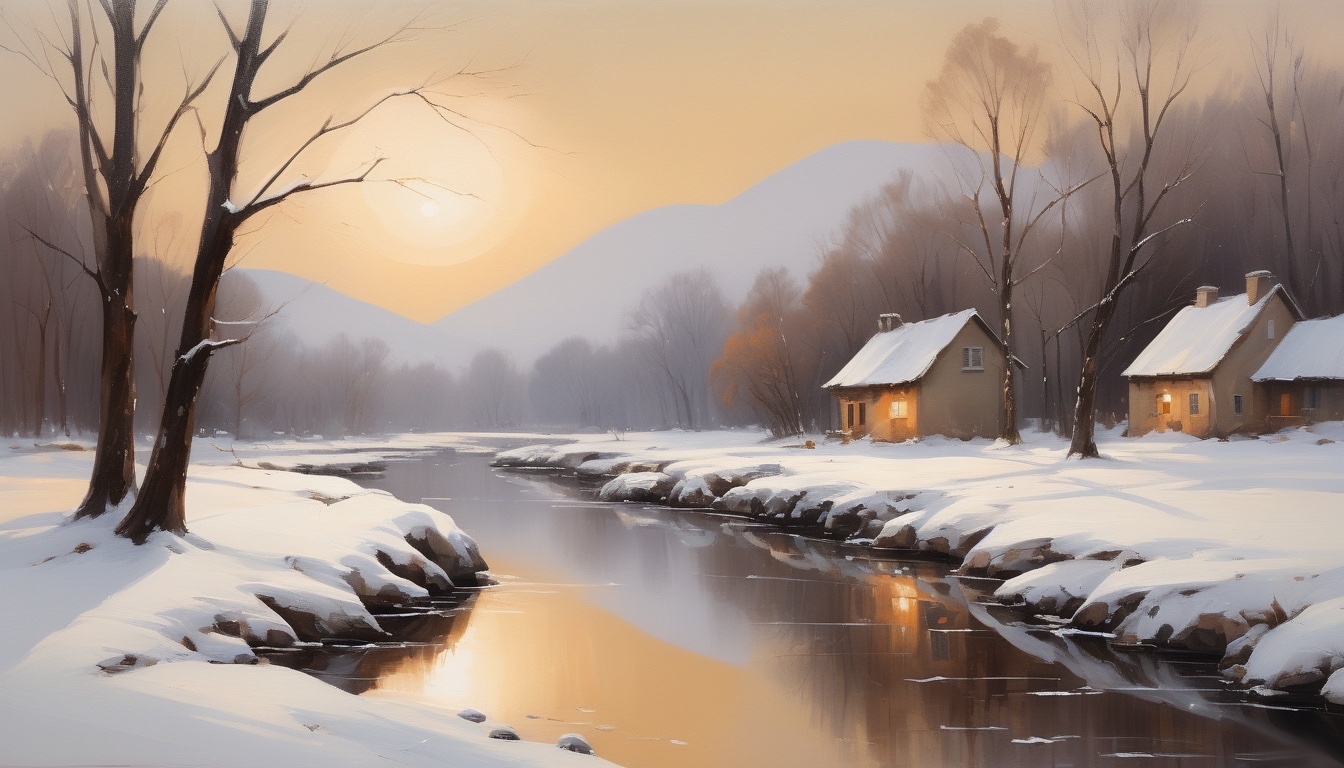 a house on the river in the winter evening - Winter Desktop Background for Mac