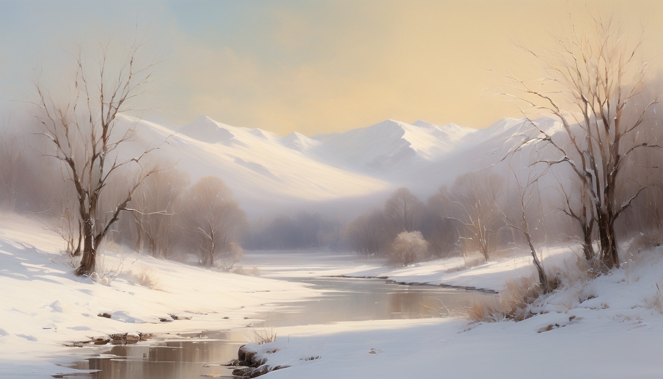 a river running through a snowy valley - Snowy Serenity: Winter Road Background for PC