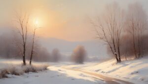 a snowy road with trees and a sunset - desktop image